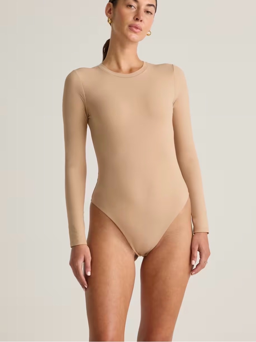 Quince Second Skin Long Sleeve Crew Neck Bodysuit Sand